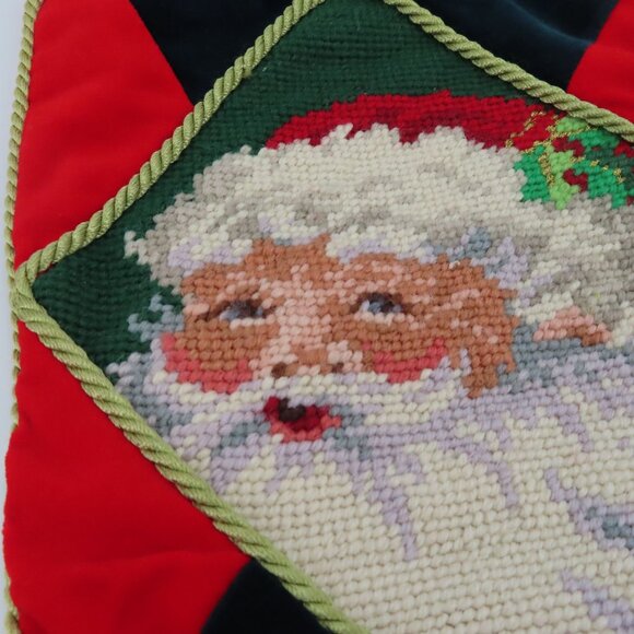 Santa Claus Needlepoint Red Green Velvet Beaded Snowflake Christmas Stocking - Picture 4 of 8